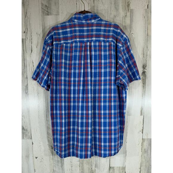 Duluth Trading Mens Button Up Shirt Size Large Blue Red White Plaid Seersucker - Picture 2 of 8